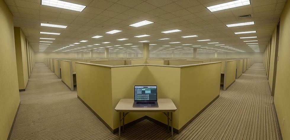 Empty beige office cubicles under bright ceiling lights, with a laptop on a folding table in the foreground
