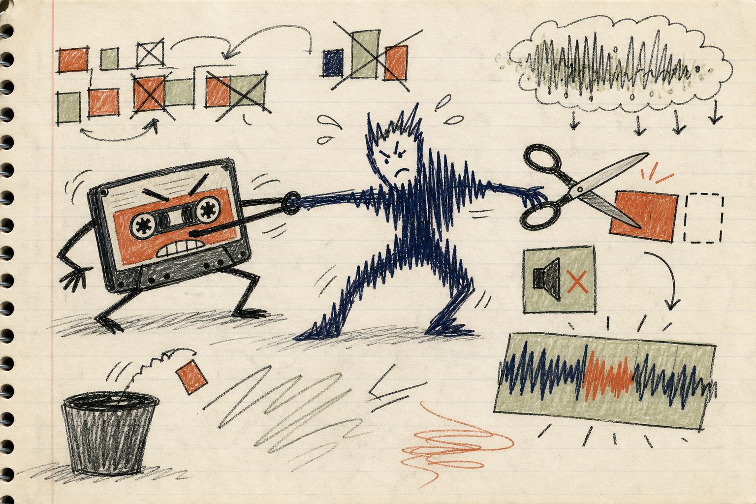 Abstract childlike notebook drawing of a stubborn cassette creature pulling against a waveform person, with scissors cutting arrangement blocks and rough mix clouds