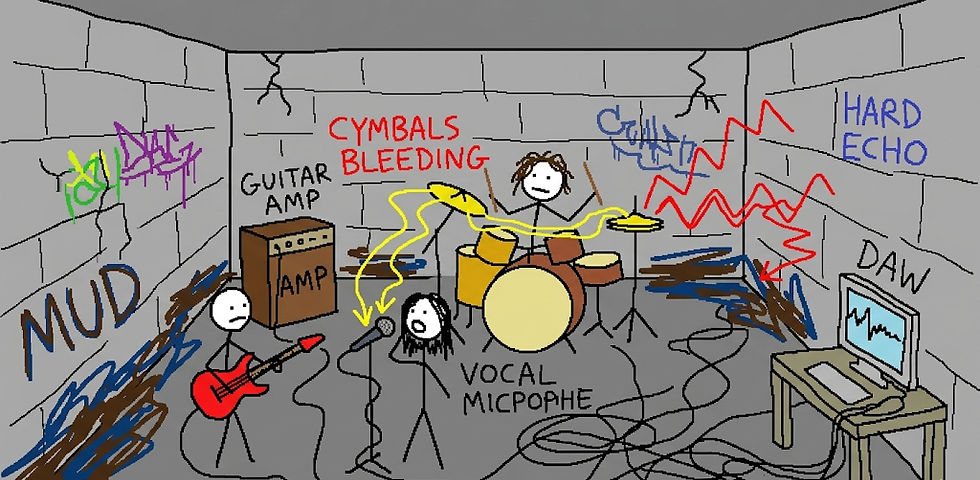 Cartoon band rehearses in a gray room with guitar, drums, mic, amp, and DAW computer; text says CYMBALS BLEEDING and HARD ECHO.