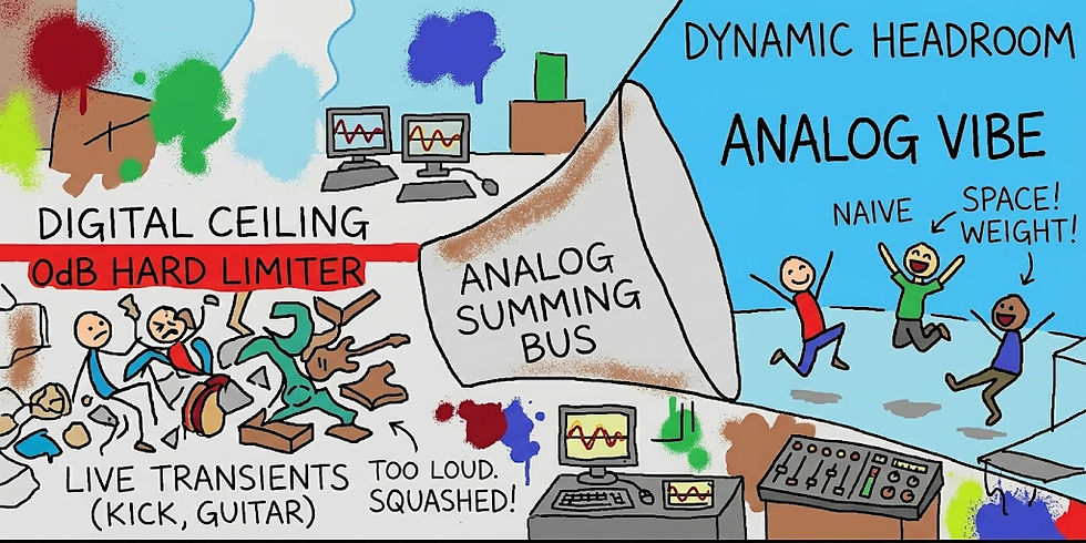 Tegneserie-lyddiagram, der sammenligner digitalt loft, 0dB hard limiter og analog summeringsbus med hoppende mennesker og mixerborde.