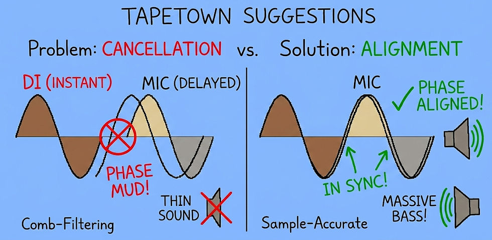 Blue audio diagram: cancellation from DI and delayed mic causes phase mud and thin sound; aligned mic gives sample-accurate bass.