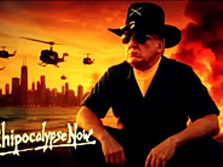 Poster for the movie Apocalypse Now with Trump in the forefront wearing sunglasses and a cowboy hat