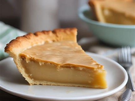 A piece of pale yellow pie on a white plate