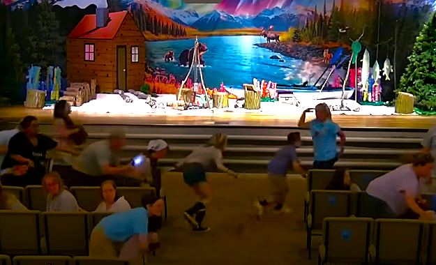 Congregants at the CrossPointe Community Church react to gunman; Creator/Youtube Screenshot