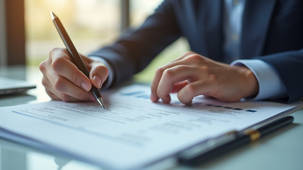 Close-up view of a professional accountant reviewing tax documents