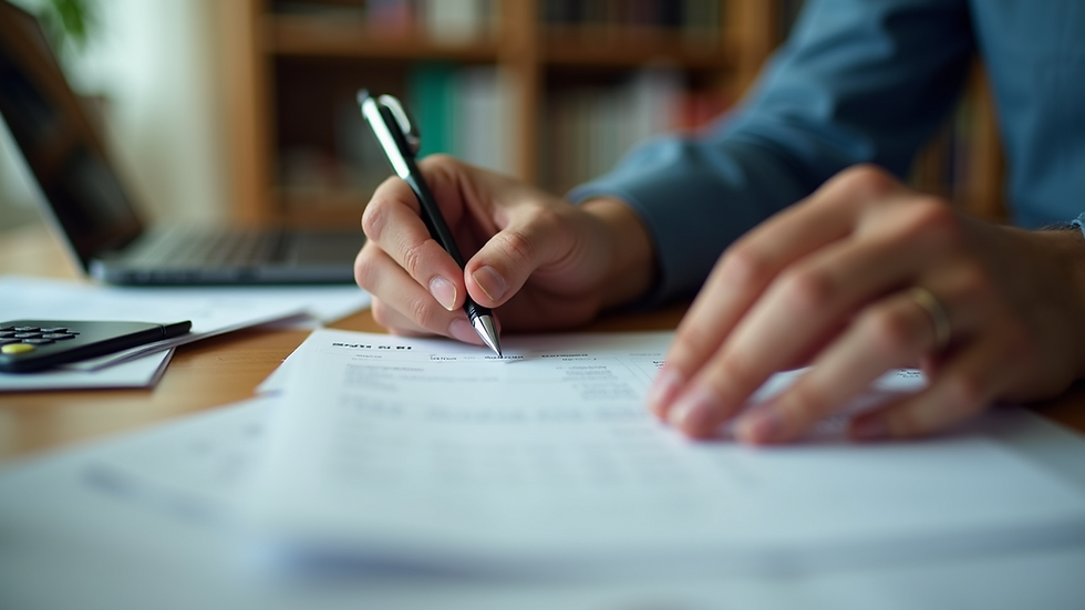 Close-up view of a person organizing receipts on a desk