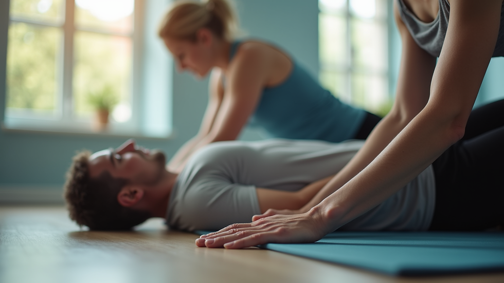 Close-up view of a sports rehabilitation session with a patient performing stretching exercises