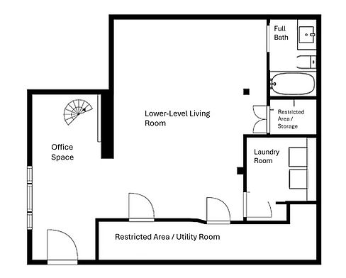 Lower level layout plan for Lake Shore Cottage, including family room and office