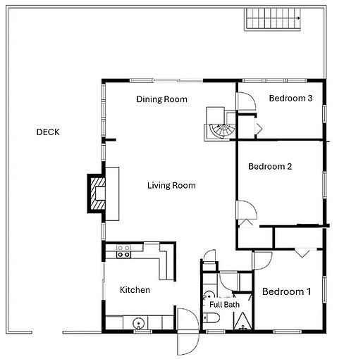 Main floor space layout of Lake Shore Cottage showing living and sleeping areas