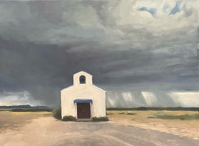 Calera chapel in West Texas with storm and rain