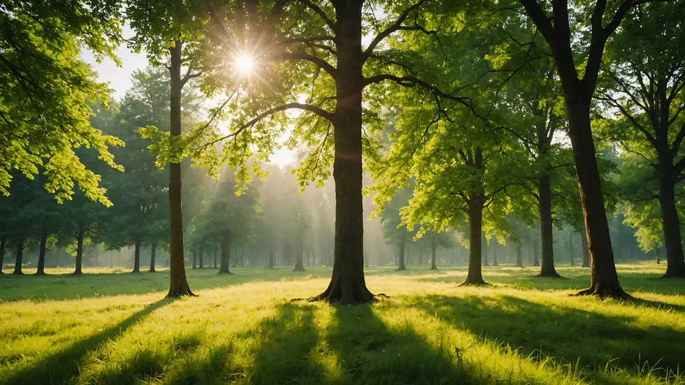 Close-up of a serene landscape with soft sunlight filtering through trees