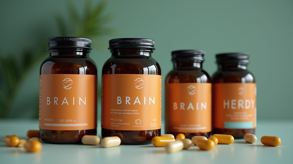 Close-up view of a variety of brain supplements in bottles