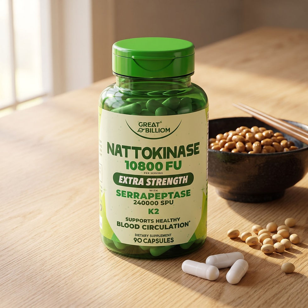 Great Billiom Nattokinase 10,800 FU with K2 MK-7 and serrapeptase beside a bowl of natto — supports healthy blood flow and circulation*