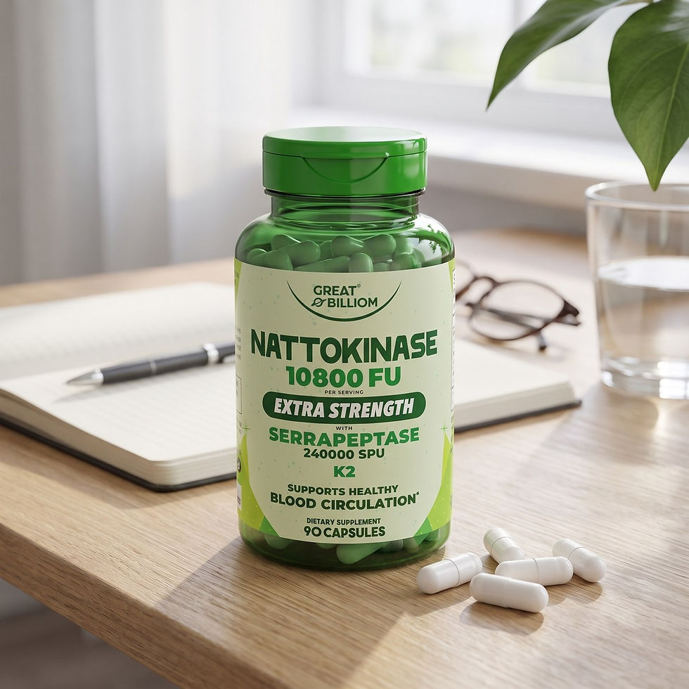 Great Billiom Nattokinase 10,800 FU with K2 MK-7 and serrapeptase on a home-office desk - supports healthy blood flow and circulation and leg comfort during sedentary work*