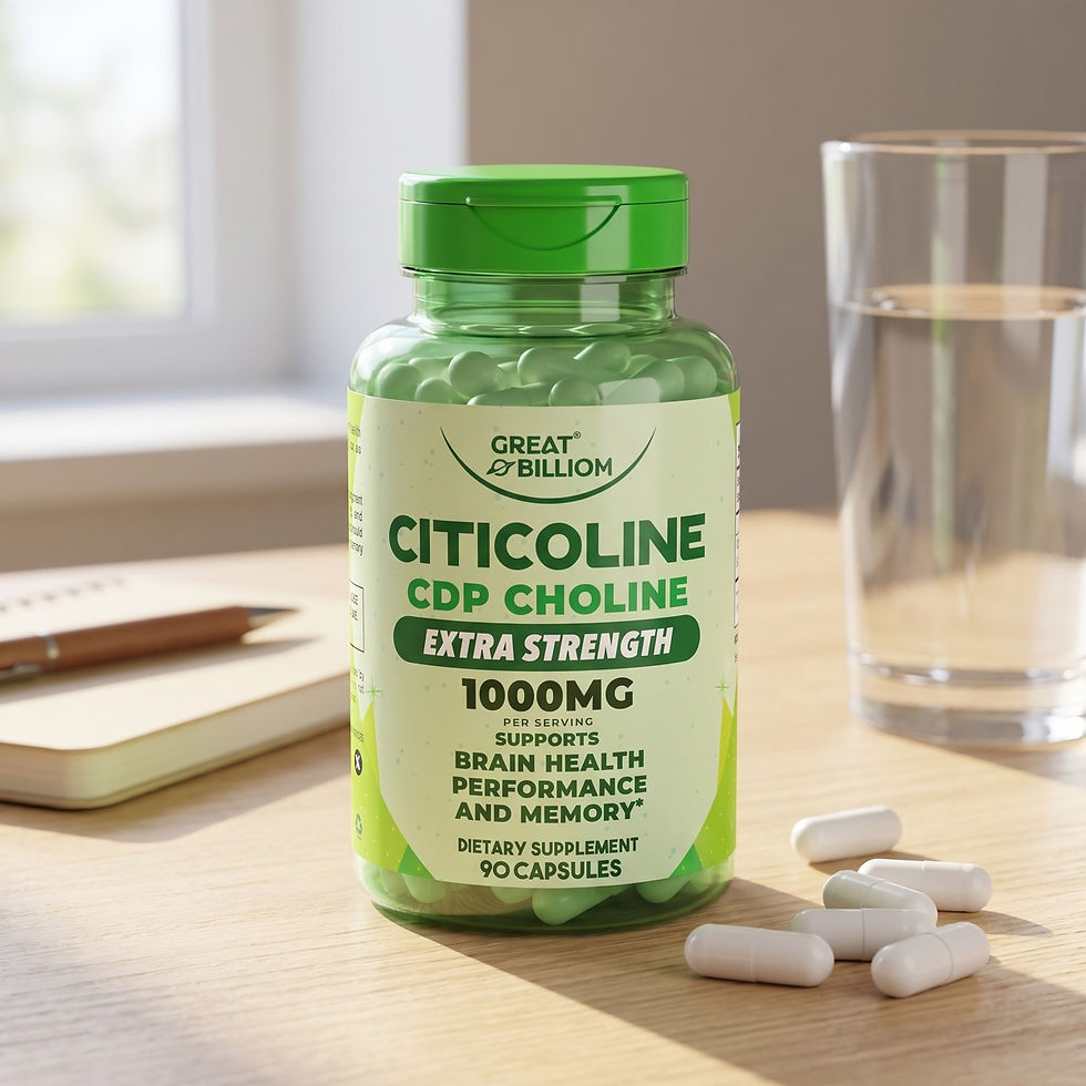 Great Billiom Citicoline CDP Choline, 1,000 mg per two-capsule serving, on an oak desk beside a water glass and a notebook - supports memory, focus and mental clarity with clean mental energy without caffeine or sugar*