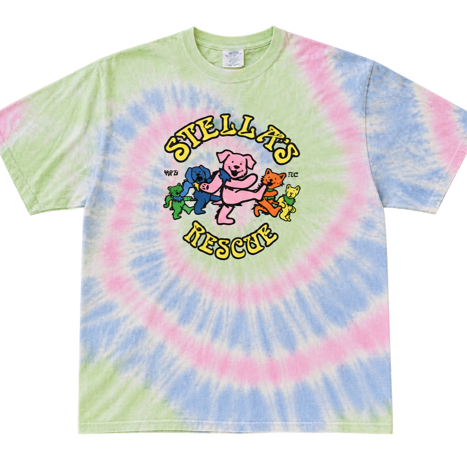 Buxton Tie-Dye Tee with Stella's Rescue dancing bears logo