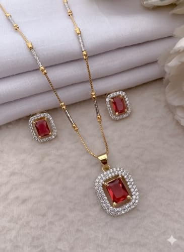 Thumbnail: ZALESTI Elegant Ruby Jewellery Set with Diamond-Style Crystals, Gold-Plated N...