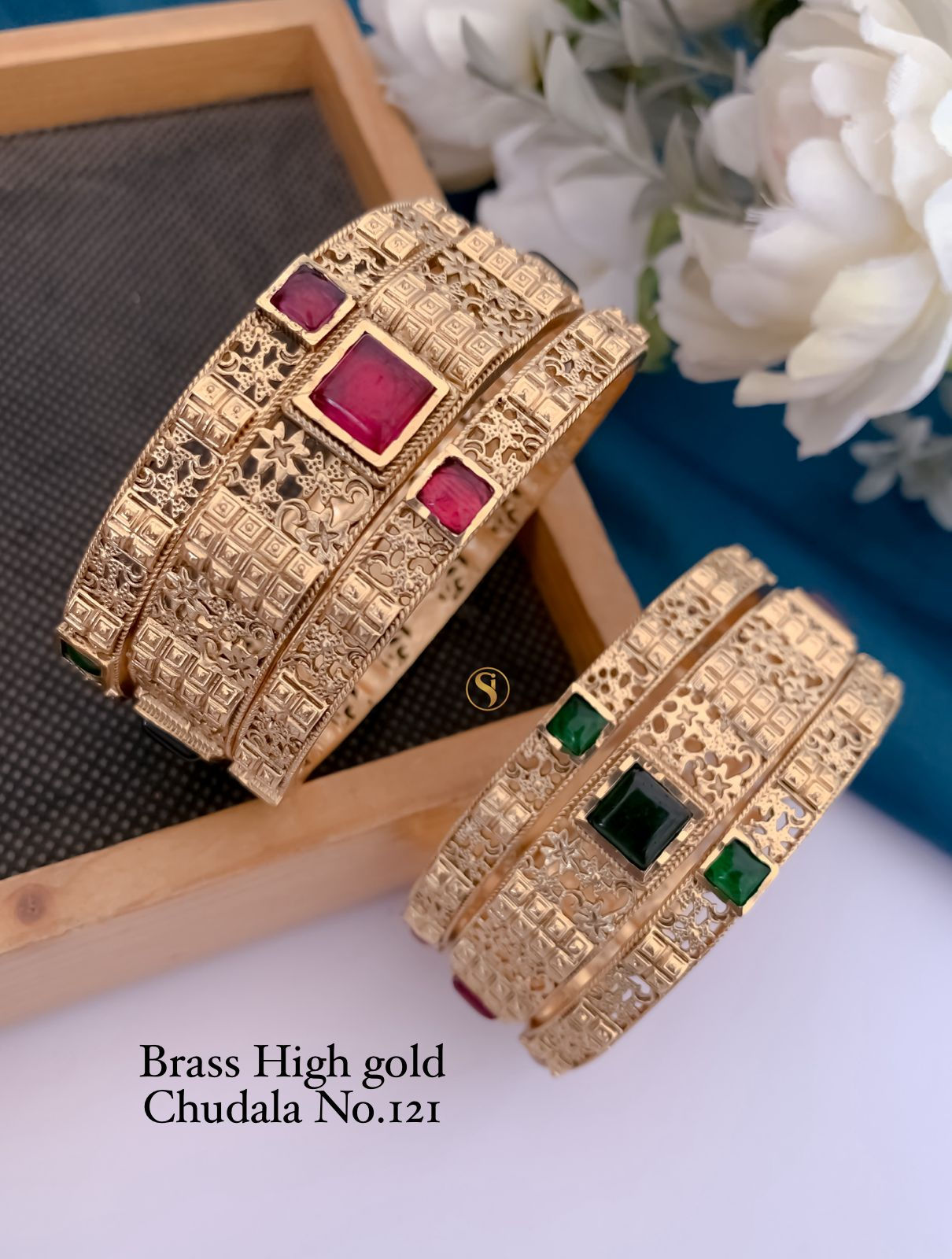 Brass High Gold Kada (Chudla) Pair with Ruby Emerald Diamond Design