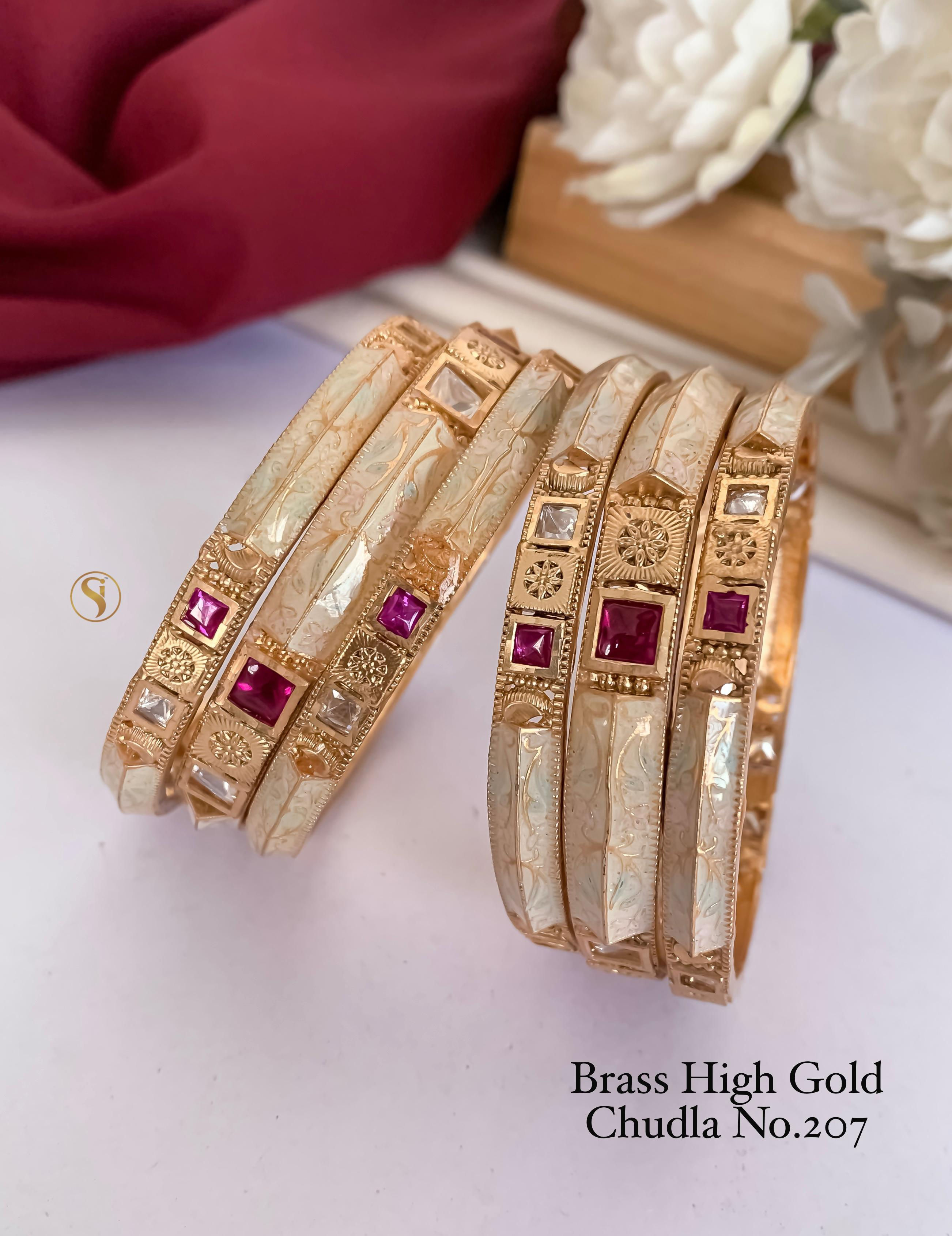 Brass High Gold Chudala Bracelet with Pink Ruby Design
