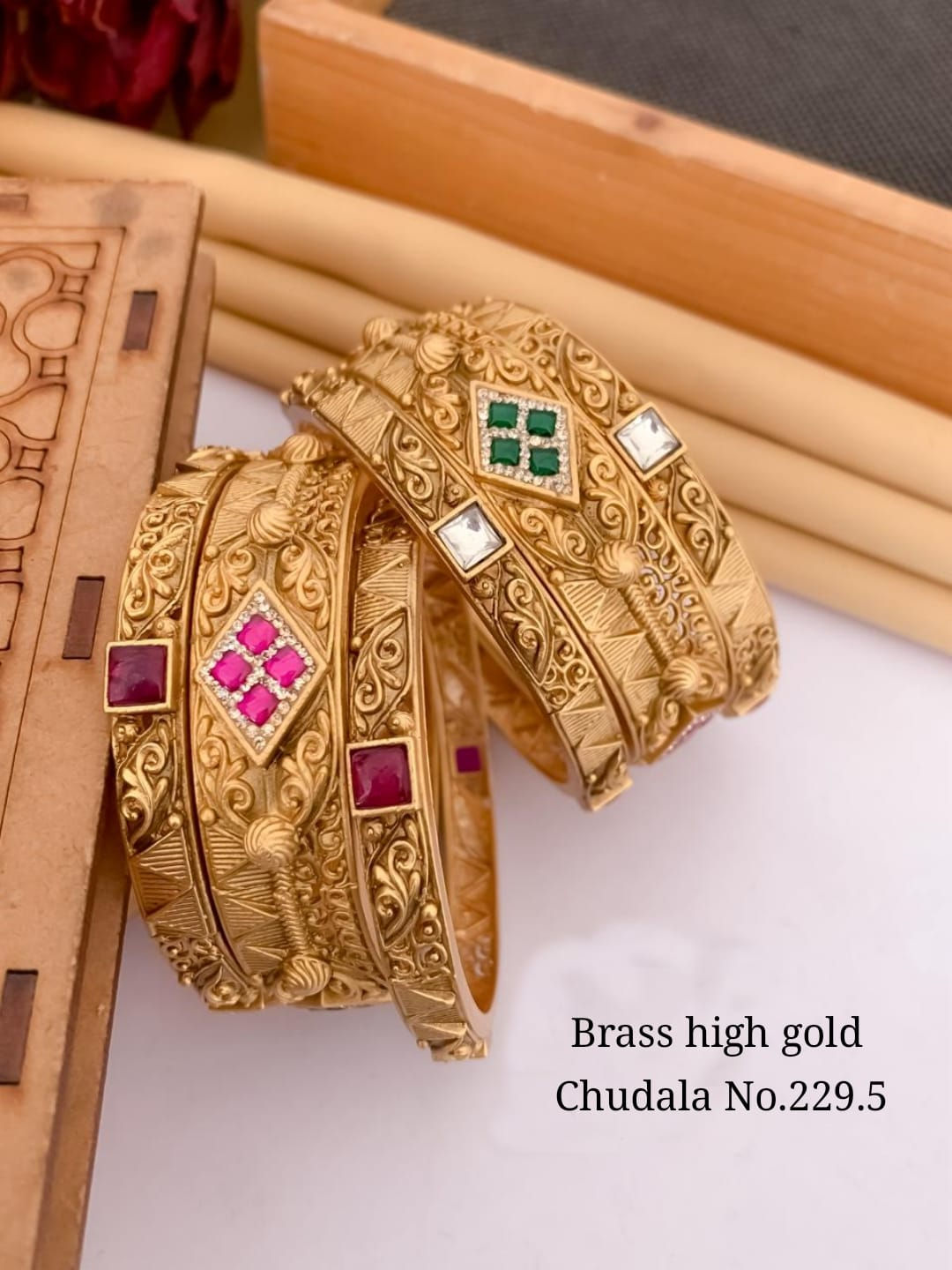 Brass High Gold Chudala Bracelet with Green and Pink Design