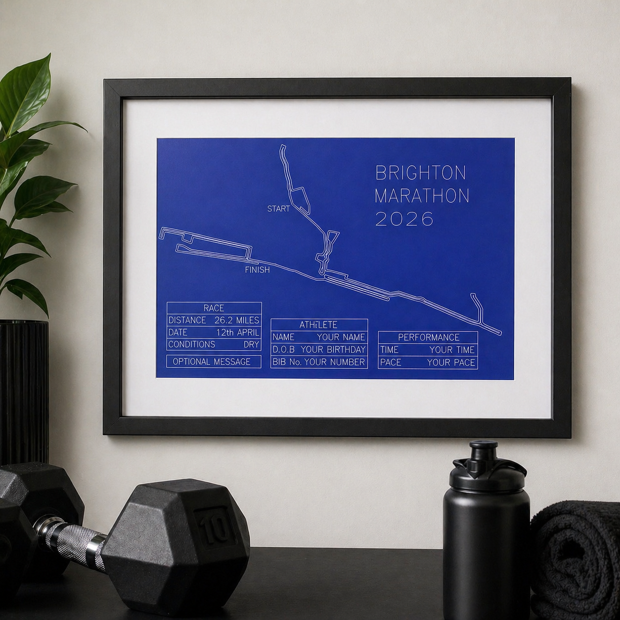 2026 Brighton Marathon Personalised Route Drawing - Framed