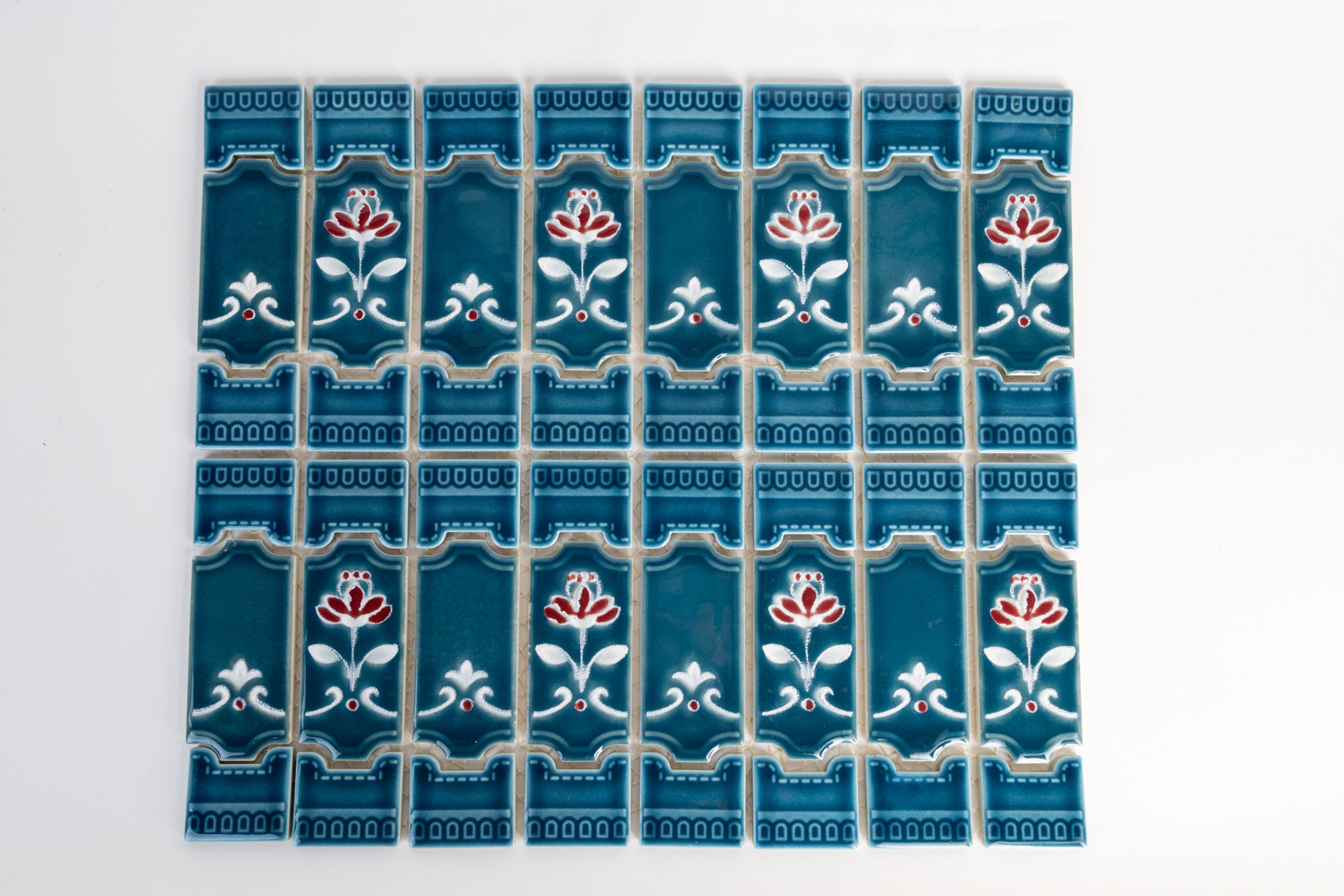 Vintage pool tile aqua and green flowers