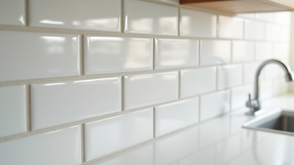 Close-up view of glossy white subway ceramic tiles on kitchen backsplash