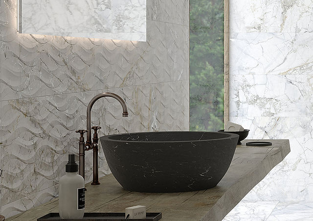 bathroom sink with textured tile walls