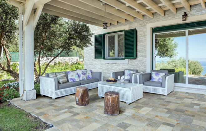Thumbnail: Porcelain Tile Stone Look Multicolor outside patio with white patio furniture 