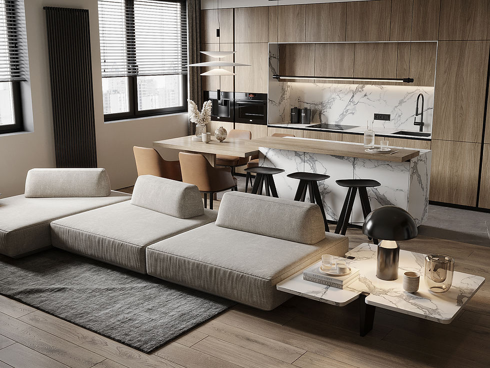 Modern open-concept living space featuring a sleek kitchen with marble accents, a cozy sectional sofa, and warm wooden elements, seamlessly blending elegance and comfort.