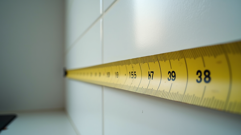 Close-up view of tape measure on kitchen wall