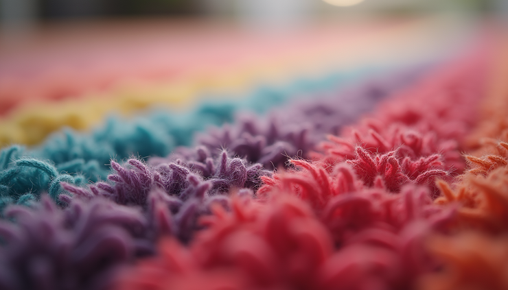 Close-up view of a synthetic carpet fiber showing texture and color