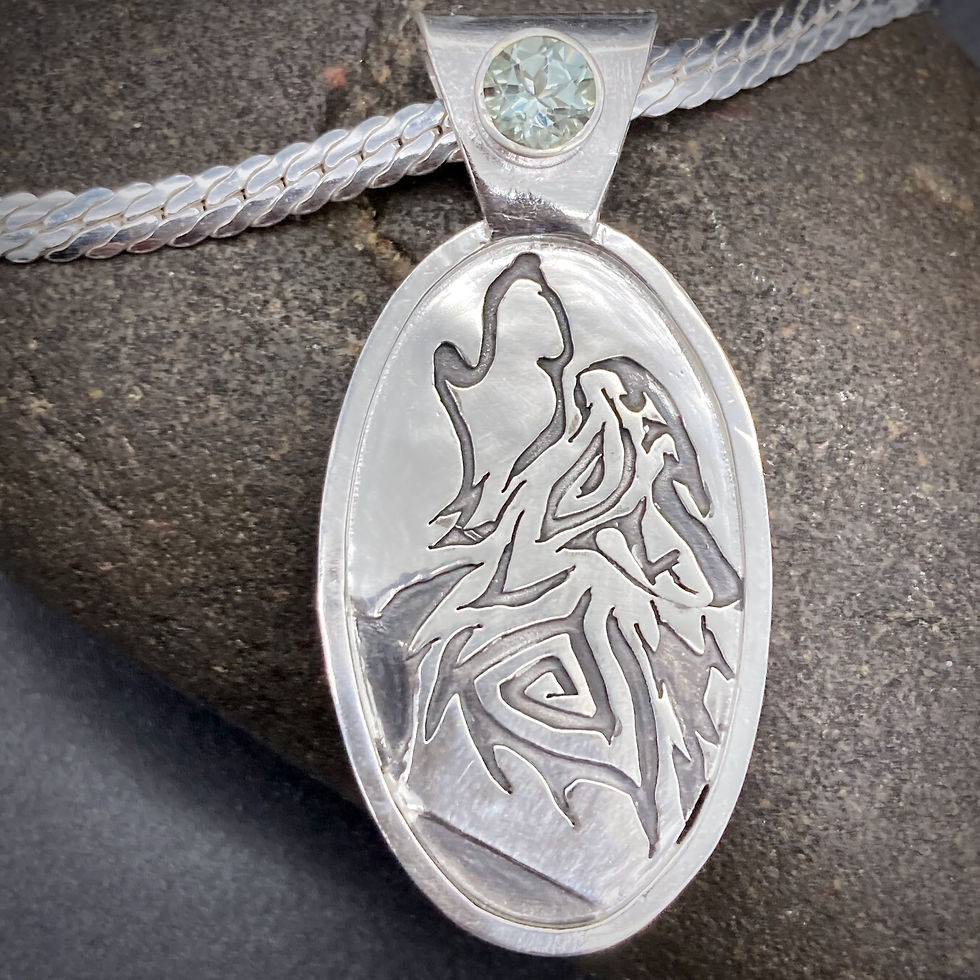 Thumbnail: Wolf  Necklace in Sterling Silver with Green Quartz- [Howling Wolf]
