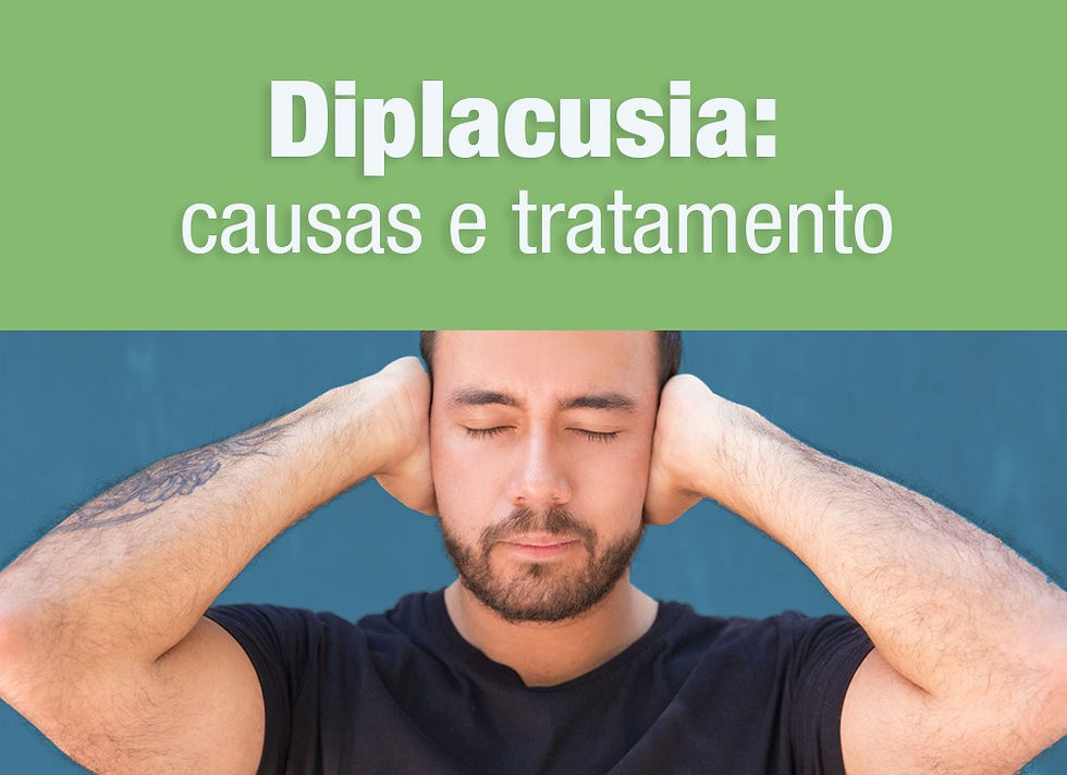 Homem com olhos fechados tampa os ouvidos. Texto" Diploacusia: causas e tratamento"