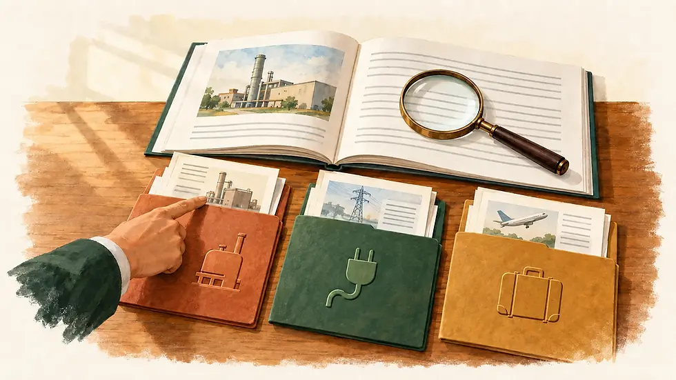 Illustrated source report beside separate fuel, electricity and business-travel record folders.