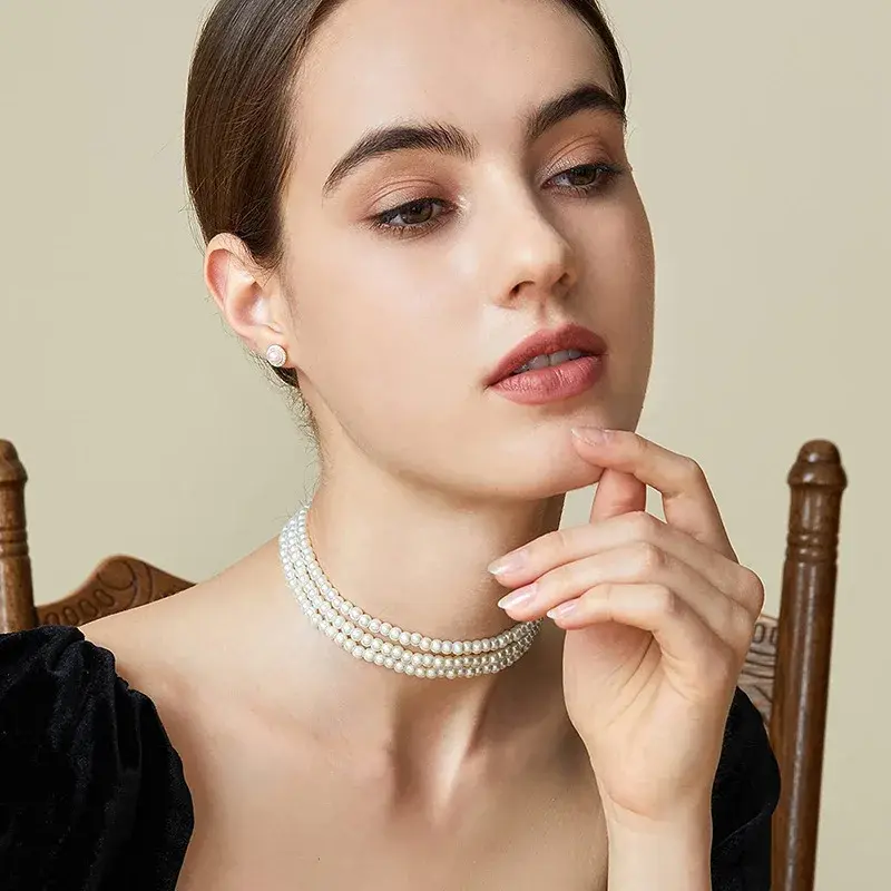 Thumbnail: Fashion Multilayer Elegant White Pearl Collar Choker Necklace