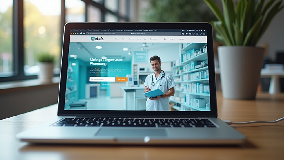 Eye-level view of a laptop displaying a digital pharmacy website