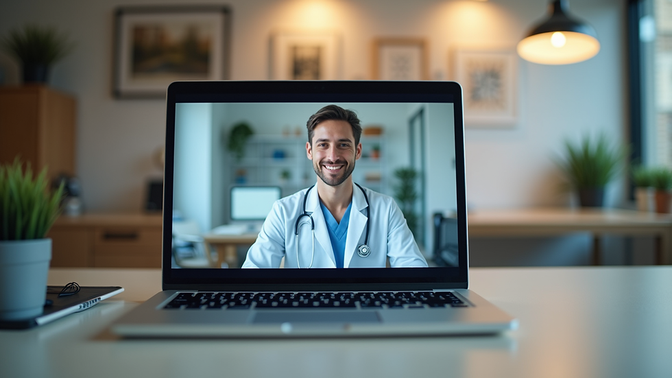 Eye-level view of a laptop on a desk showing a telehealth video call