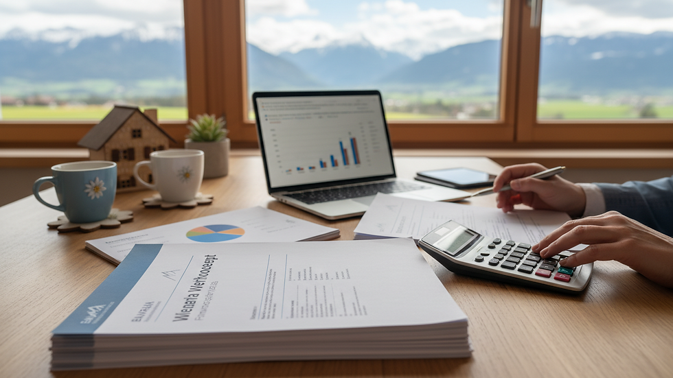 Eye-level view of a desk with financial documents and a calculator