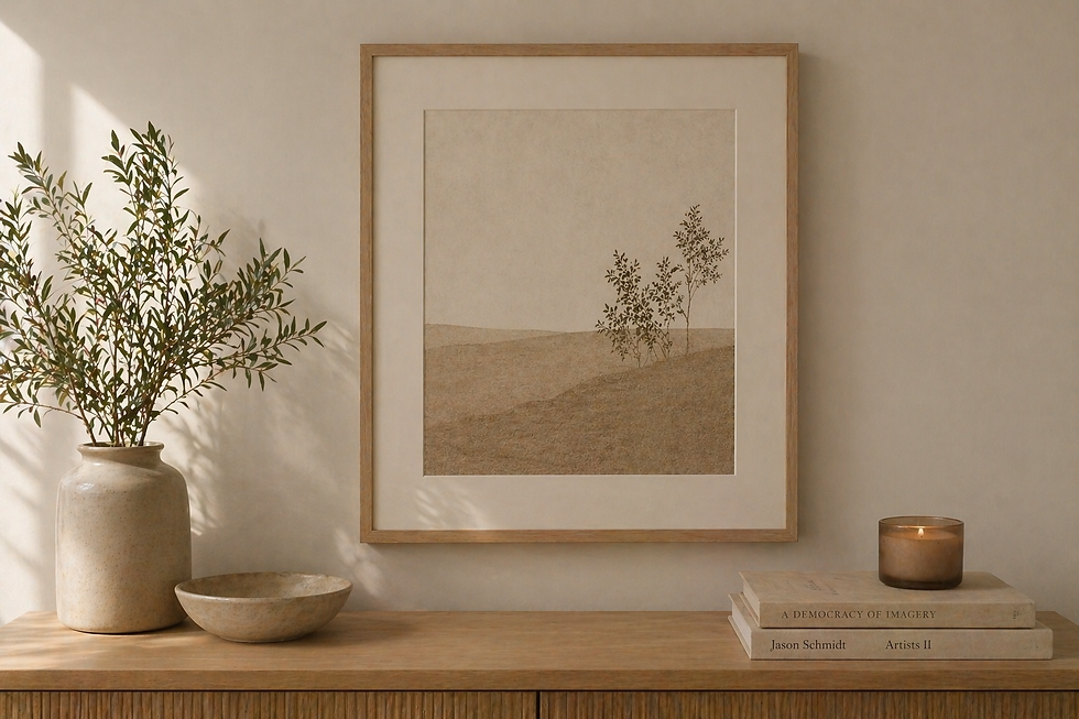 Framed art with trees on a beige wall. Vase with branches, a bowl, and books on a wooden table. Lit candle, warm and serene mood.