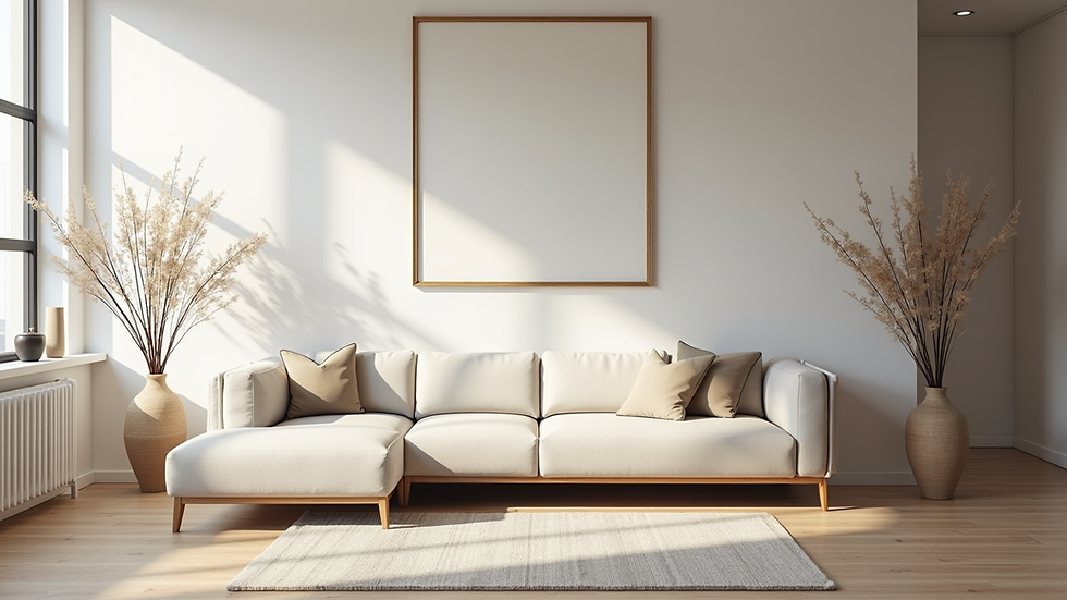 Wide angle view of a serene minimalist living space