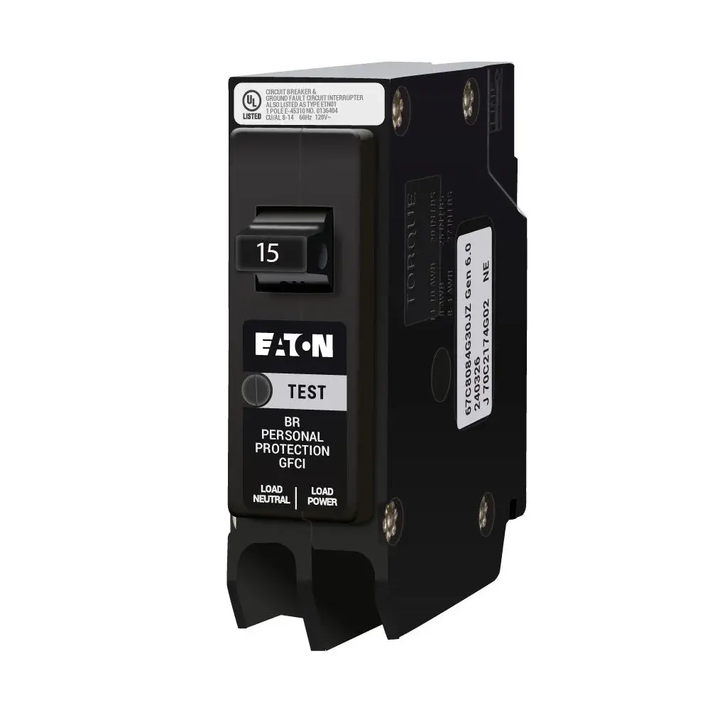 15A 1-Pole BR GFCI Breaker, 120/240V, Plug-On Neutral - Eaton, BRP115GF