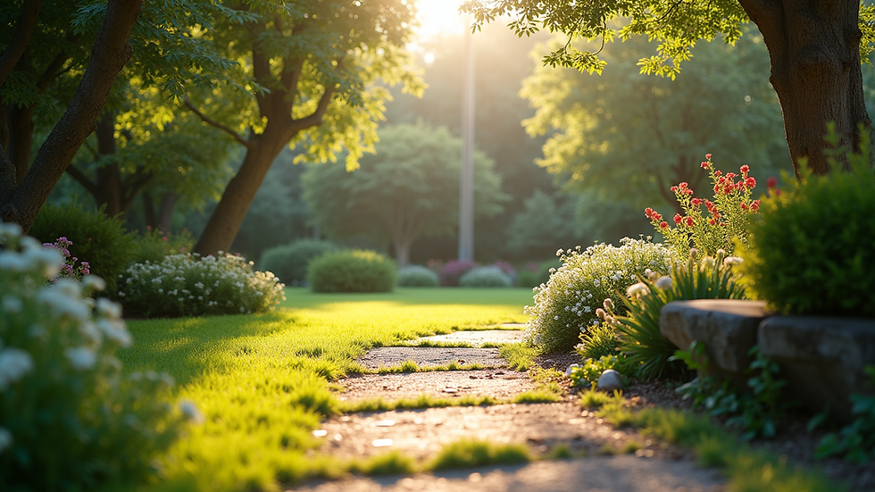 Eye-level view of a quiet garden corner with soft sunlight
