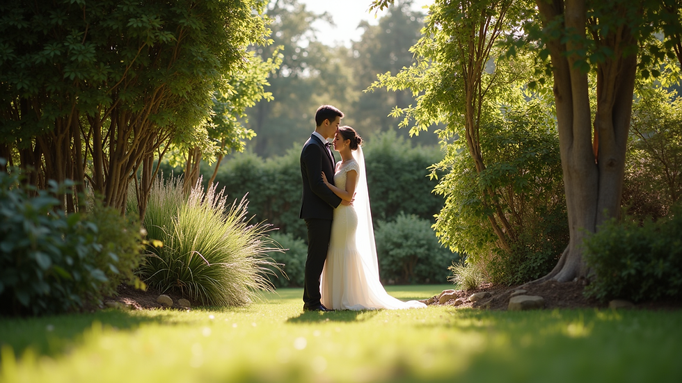 Eye-level view of a quiet garden corner set up for a wedding couple’s private moment