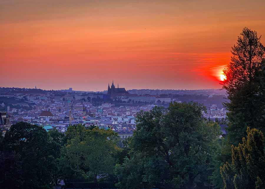 Evening panorama of Prague city at sunset