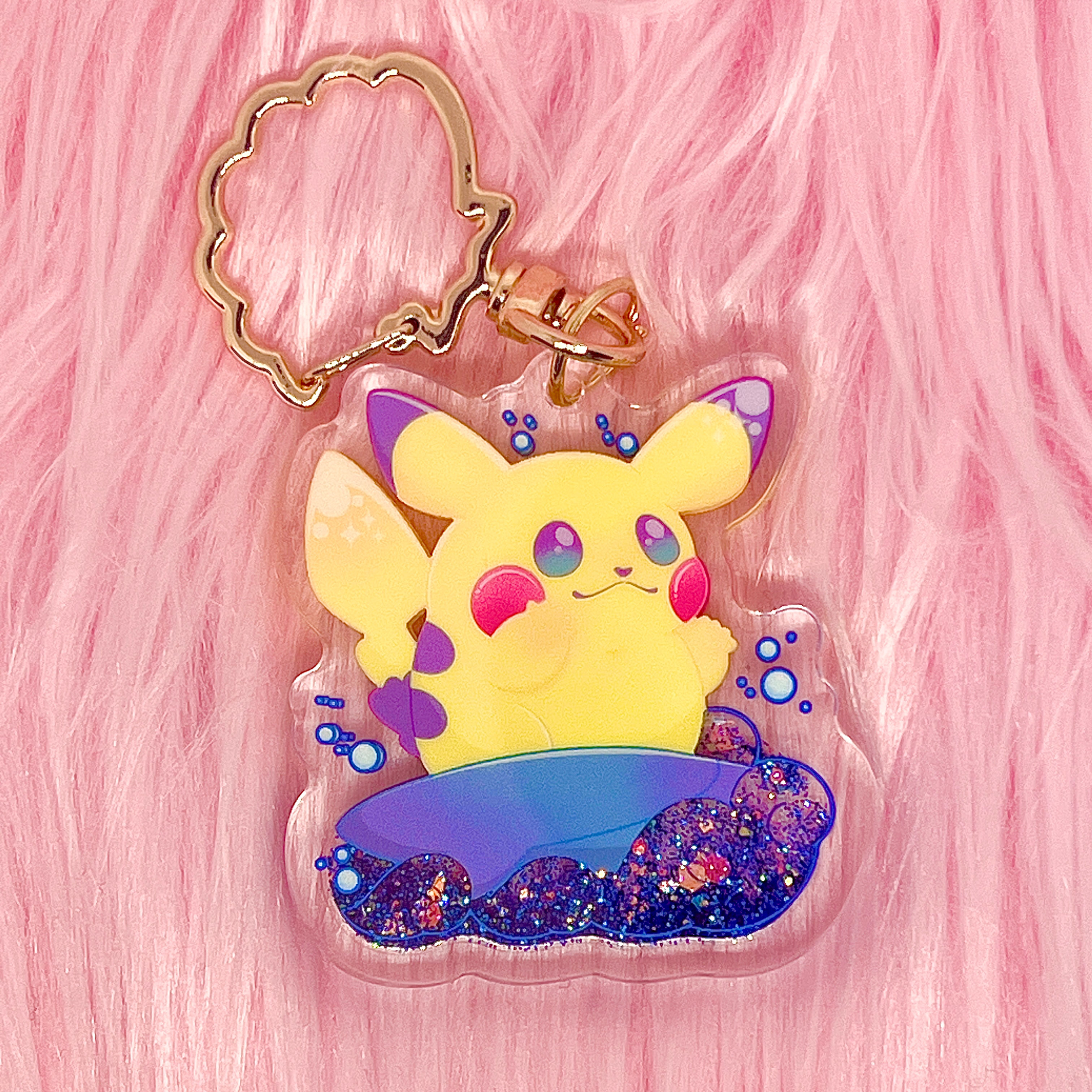 Surfing Pikachu Glitter Liquid Keychain (2in/50.8mm)