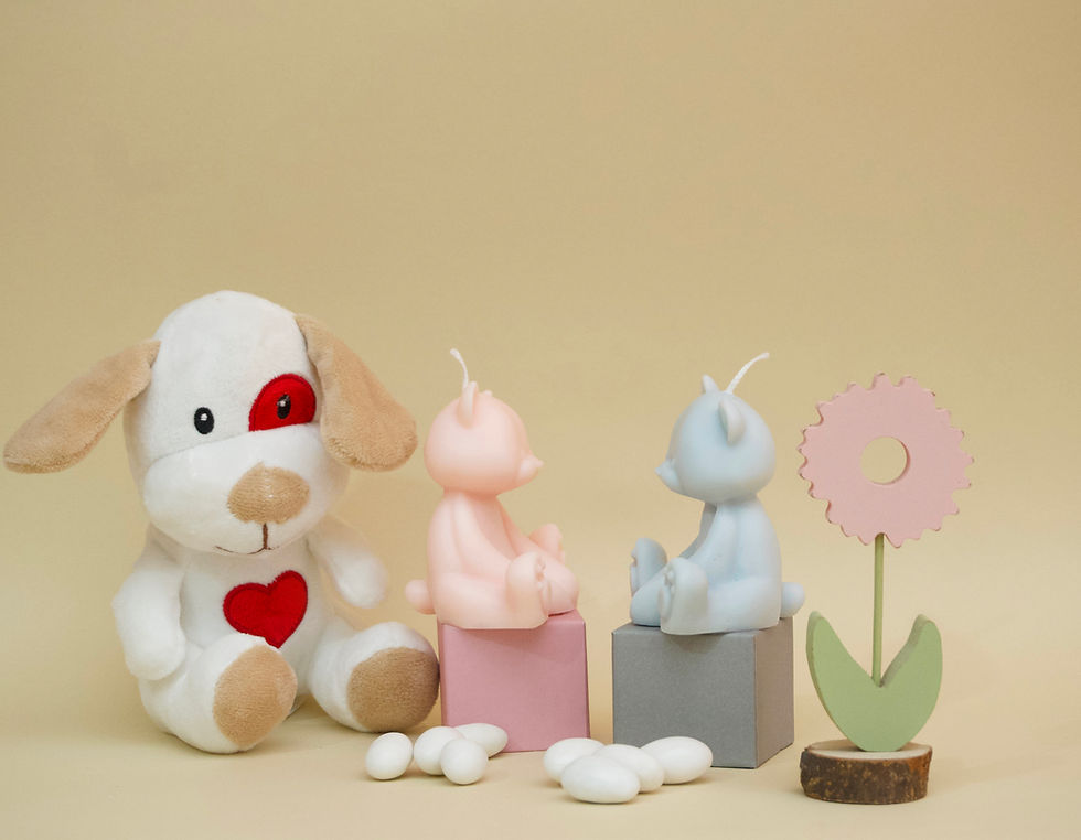 Miniatura: Un cagnolino di peluche e candele a forma di animale Candela Pilade sullo sfondo.