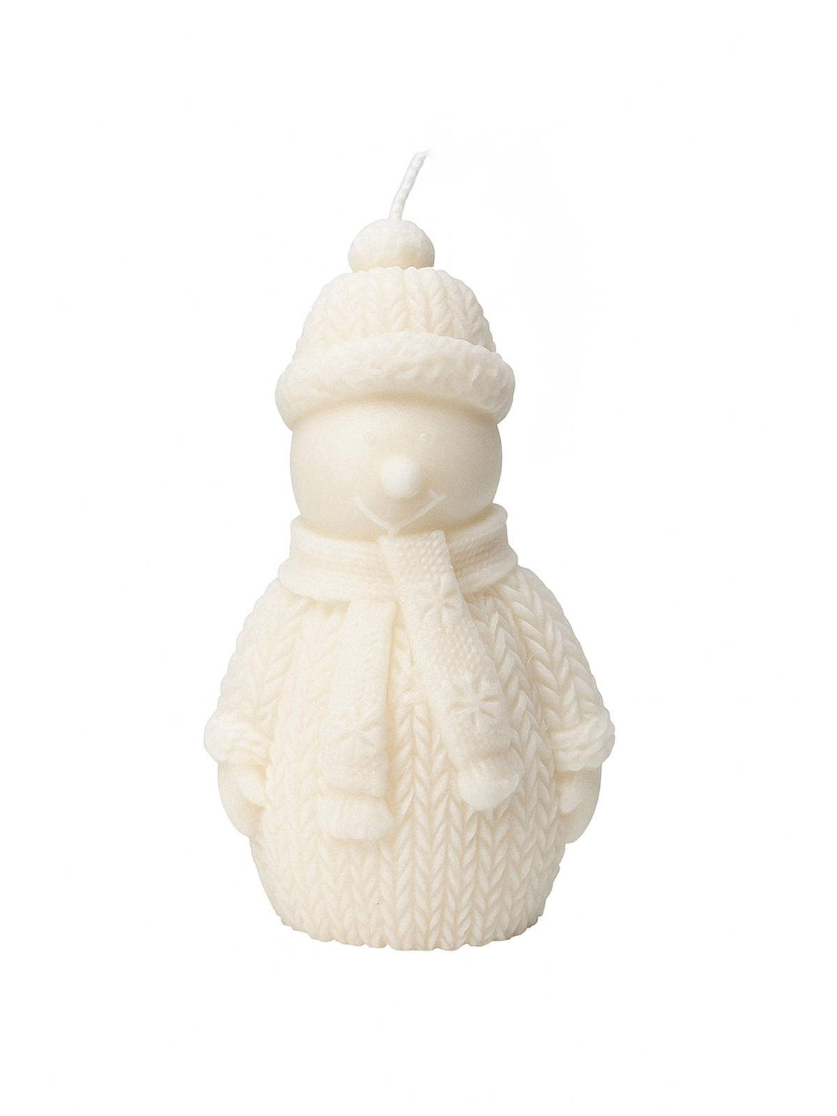 Candela a forma di pupazzo di neve con cappello e sciarpa.