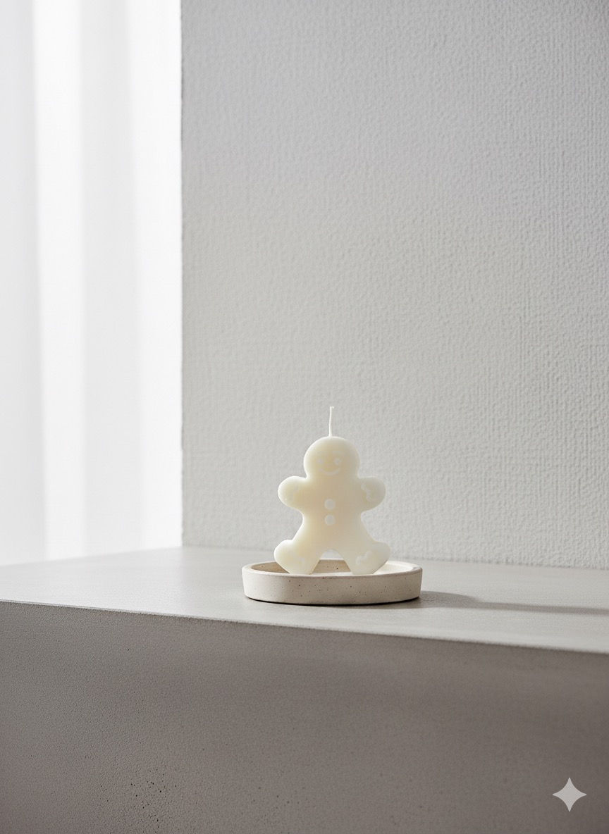 Candela a forma di omino di pan di zenzero su un piattino. Candela Pilade.