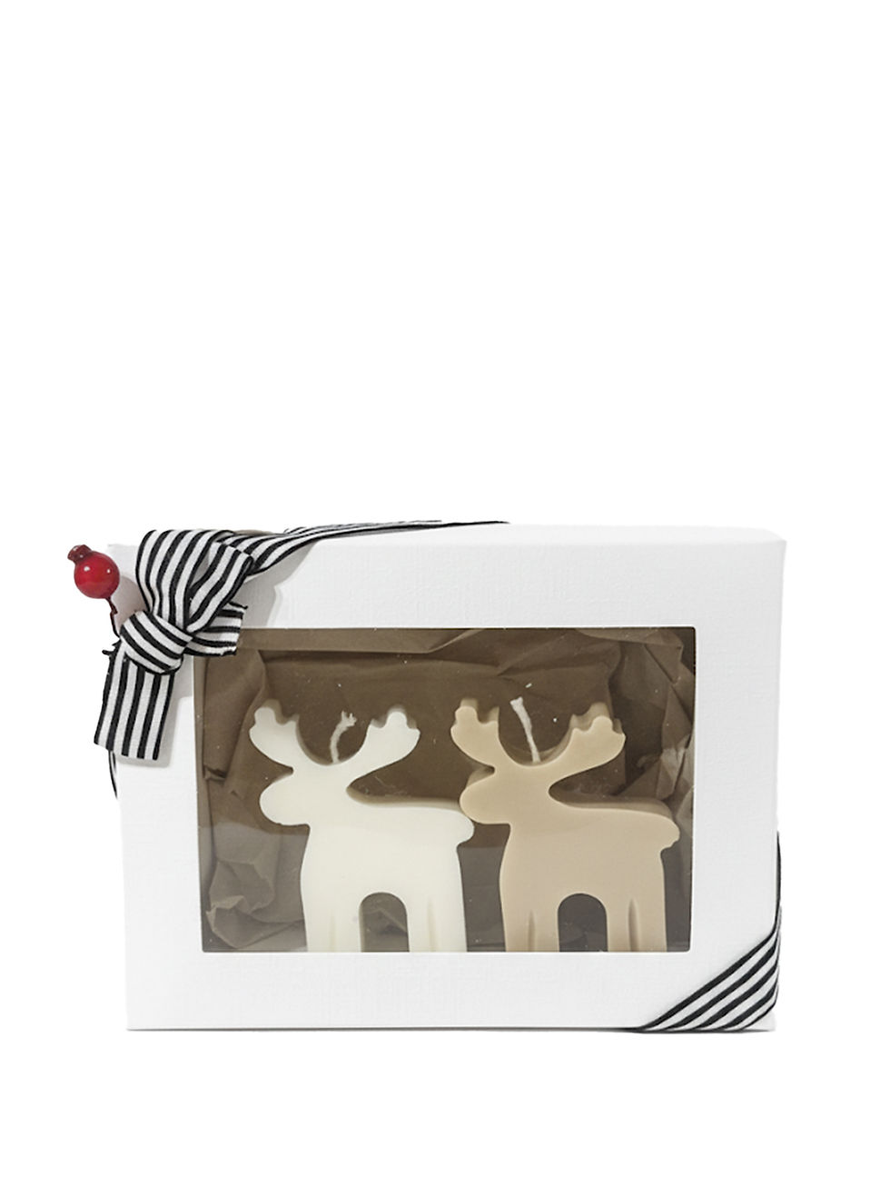 Candelieri a forma di alce in confezione regalo con fiocco nero e bianco.